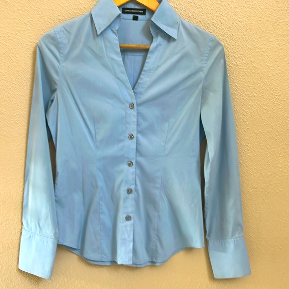 Express design studio women baby blue button down shirt/XS- 23” L- 36” bust-